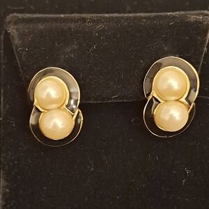 Ann Taylor Gold and Pearl And Black Enamel Earrings